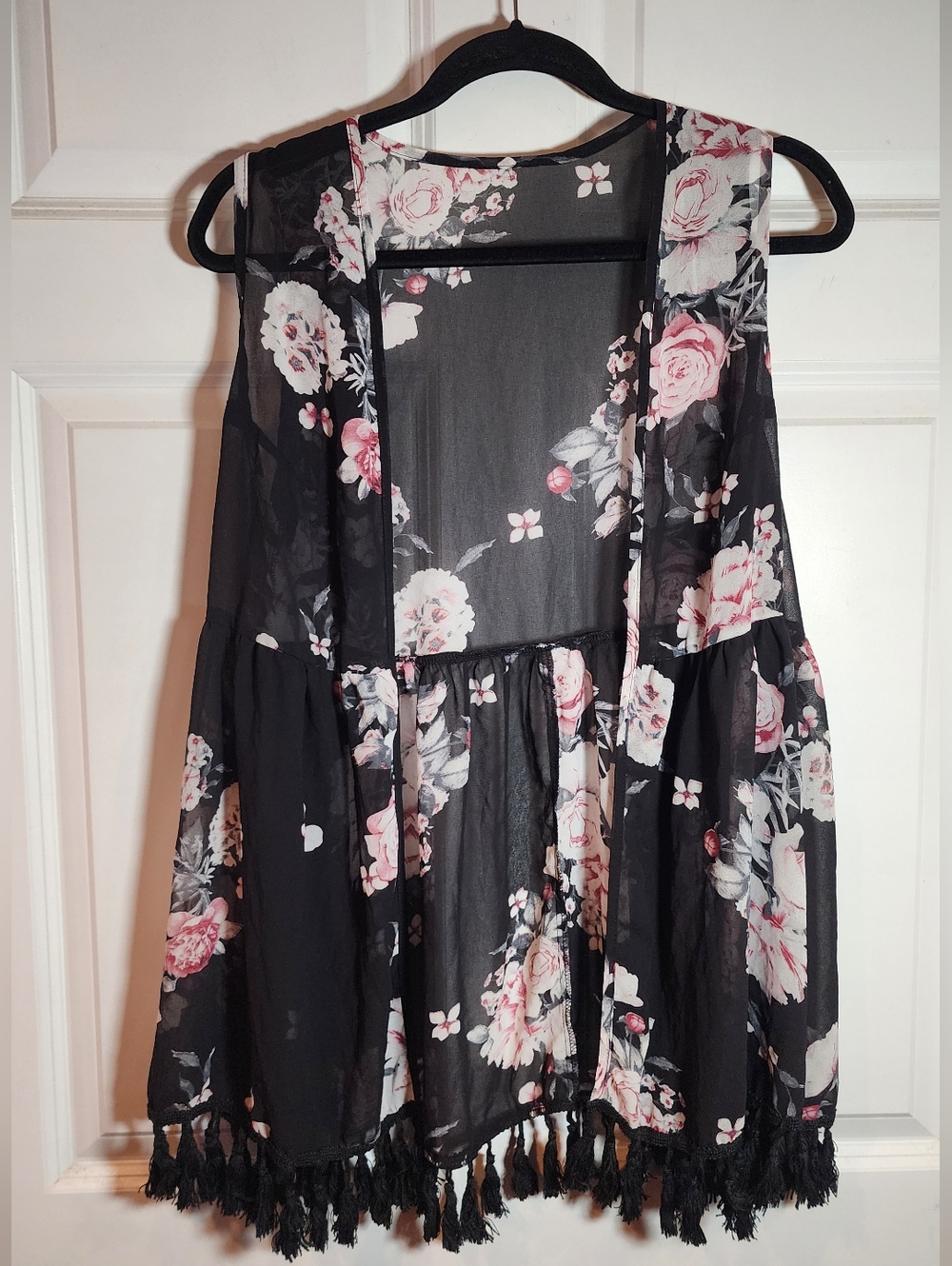 Black Floral Sheer Fringe Coverup Top 0XL